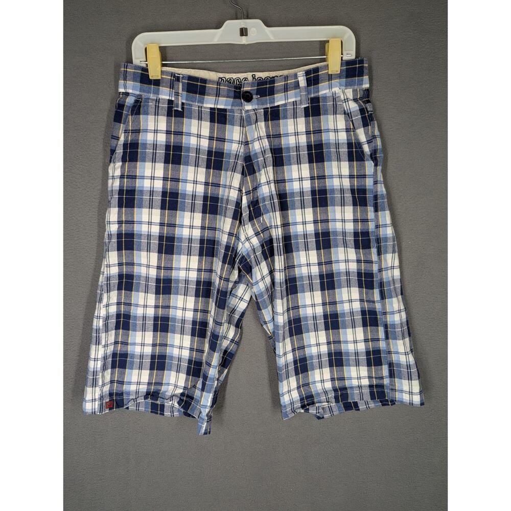 Paco Jeans Mens Plaid Cargo Shorts Size 34 Blue White Cotton Relaxed Fit